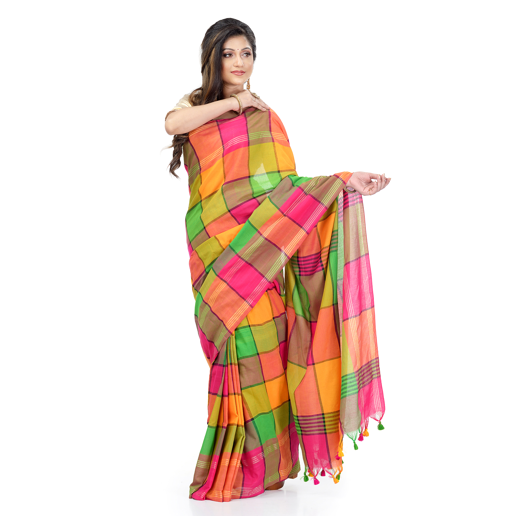 DESH BIDESH Women`s Traditional Bengali Tant Handloom Pure Cotton Saree Checked Desigined With Blouse Piece (Green Multicolor)